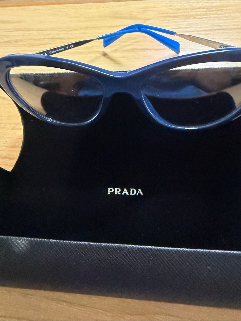 Prada Navy Cat-Eye Sunglasses with Bright Blue Temples